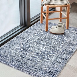 KUTA Vintage Small Area Rug 2x3 Blue Washable Oriental Entryway Rug Non-Slip Ultra Soft Floral Rug Doormat Printed Floral Retro Distressed Carpet Rug Small Accent Rug Farmhouse Kitchen Throw Rug