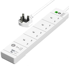 SLx Extension Lead 2m 4 Way Gang Switched Surge Protected Power Strip with USB A & USB C Ports & LED Indicator 3 Pin Sockets Wall Mountable Extension Cord for Home, Office or Garage White