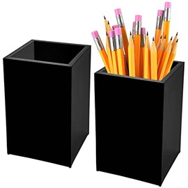 2 Pack Black Acrylic Pencil Pen Holder Cup,Desk Accessories Holder,Makeup Brush Storage Organizer,Modern Design Desktop Stationery Organizer for Office School Home Supplies,2.6x 2.6x 4 inches