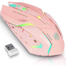 Wireless Gaming Mouse, Rechargeable Wireless Computer Mouse with Type-C Fast Charging, Ergonomic Mouse with 3 Adjustable DPI, 6 Silent Buttons, LED Light, Long Battery Life for Laptop, PC, Mac (Pink)