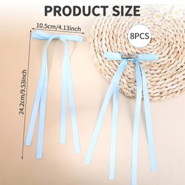 8 Pcs Light Blue Hair Bow Ribbon with Long Tail Tassel Clips, Blue Hair Bows Clips for Women Girls Coquette Long Bowknot Satin Accessories Barrettes for Girl Ponytail Holder Decor