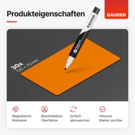 GAUDER GAUDER Magnetstreifen beschreibbar | Magnetschilder zum Beschriften | Magnetkarten für Kanban Board, Whiteboard & Tafel (120 x 70 x 0,8 mm)