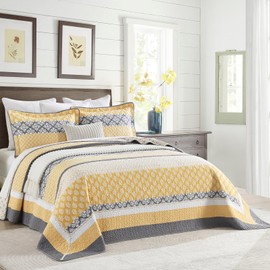 QuiltEase Oversized King Bedspread - 120" Lx120 W Extra Wide - 100% Cotton Lightweight Stripe Coverlet Set - Farmhouse Reversible California King Quilt - 3 Piece - Yellow/White/Gray