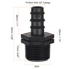 sourcing map Drip Irrigation Fittings 15.5mm Barbed to G3/4 Male Thread for 1/2 Inch Tubing (Black, Pack of 4)