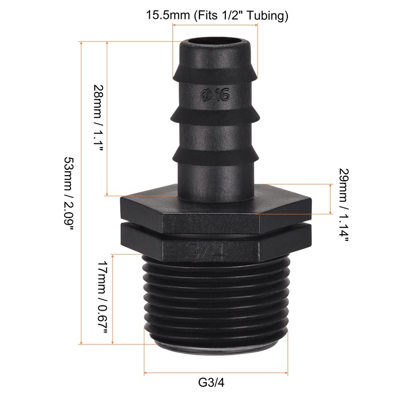 sourcing map Drip Irrigation Fittings 15.5mm Barbed to G3/4 Male