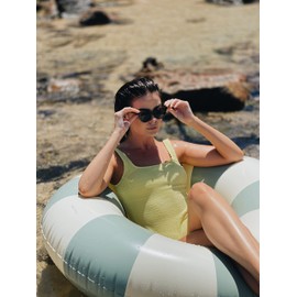 Petites Pommes Striped Pool Float for Kids & Toddlers - Durable Inner Tube, Handprinted Classic Striped Design Inflatable Donut, Soft Comfort Seaming, Packable Floats for Travel, Dusty Green, 24 inch