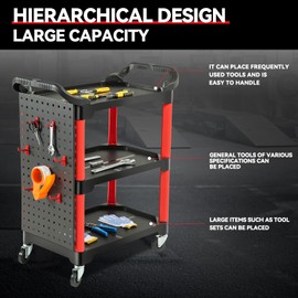 Auto Dynasty 3-Level Rolling Cart Trolley Storage Cart with Pegboard 120 kg/260 Lbs Capacity on Wheels Fits Garage, Warehouse, and Workshop Use, Black/Red