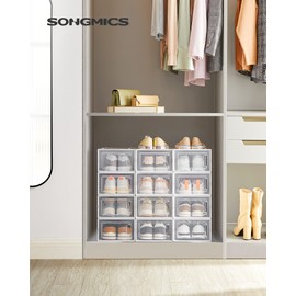 SONGMICS Shoe Boxes, Pack of 12 Shoe Storage Organizers, Stackable Clear Plastic Boxes for Closet, Sneakers, 9.1 x 13.1 x 5.6 Inches, Fit up to US Size 11, Transparent and White ULSP12SWT