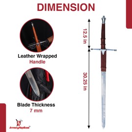 Armory Replicas™ - William Wallace Claymore Sword - 42.75" Stainless Steel Blade, Leather-Covered Handle, Deluxe for Collectors - Inspired by Braveheart, Scottish Hero - with Leather Shoulder Strap