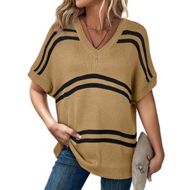 SHEWIN Short Sleeve Sweater for Women Causal Crewneck Summer Tops Loose Knit Oversized Sweaters Lightweight Womens Tops Brown Medium