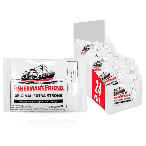 Fisherman's Friend Cough Drops, Cough Suppressant and Sore Throat Lozenges, Original Extra Strong, 10mg Menthol, 480 Drops (24 Packs of 20)
