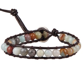 Kelitch Turquoise Beads Wrap Bracelet Natural Leather Adjustable Bracelets Crystal Beads Link Bracelets, Silver Plated