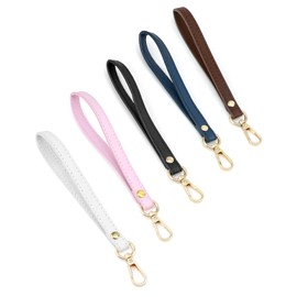 QWORK Leather Wristlet Strap, 5 Pcs 20 cm x 1.2 cm Short Purse Strap Genuine Leather Wristlet, Keychain Handle Rope, Handbags Strap, for Clutch Purse Wallet Cellphone Case DIY Accessory