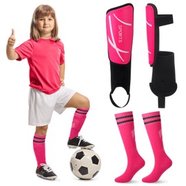 VercanMonth Soccer Shin Guards and Socks for Kids Youth 4-14, Lightweight Adjustable Strap Soccer Shin Pads with Ankle Protection Protective Football Equipment for Boys Girls Teens(Rose Red,Small)