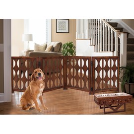 Wooden Foldable Pet Dog Safety Gate - 4 Panels Arc 20 W x 24 H- Hand Carved Solid Wood & MDF- Free Standing Portable Indoor Doorway Hall Stairs Puppy Fence -Fully Assembled- Antique Brown -IRONGATE