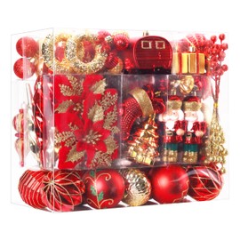 SHareconn 135pcs Christmas Balls Ornaments Set, Shatterproof Plastic Baubles, Ribbon and Tree Topper for Xmas Tree Holiday Wedding Party Decorations with Hanging Strings, Red and Gold