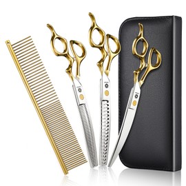 Dream Reach Dog Grooming Scissors - 7'' Curved Dog Shears Set with Ergonomic Handle, Professional Sharp Trimming Curved Scissors and Comb for Pet
