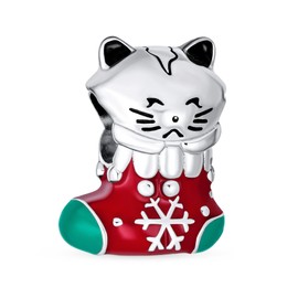 Holiday Fun Animal Pet Lover Kitten Red Green Stocking Christmas Cat Charm Bead For Women Teen Enamel .925 Sterling Silver Fits European Bracelet