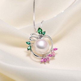 HXZZ Fine Jewelry Gifts for Women 925 Sterling Silver Freshwater Cultured White Pearl Pendant Necklace Violet Green
