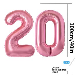 Number Balloons 20,Pink Balloons 20 for Birhtday Party Decoration,40 Inch Giant Helium Foil Number Balloons for Women Men 20th Birthday Party Decor Anniversary Party Decorations Supplies