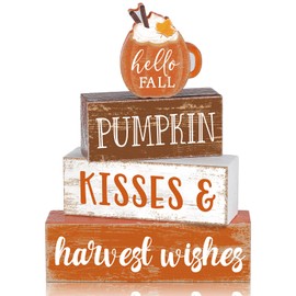 4 Pcs Fall Decor for Home Hello Fall Wooden Signs with Sayings Autumn Thanksgiving Tiered Tray Decor Pumpkin Ice Cream Cup Tabletop Centerpiece Harvest Wishes Block Signs for Office Kitchen Shelf