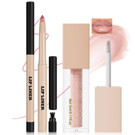 Noerrors 2Pcs Lip Liner Lip Gloss Kit, Nude Pink Lip Combo Set with Plumping Moisturizing Lip Oil Brown Matte Creamy Lips Pencil Hydrating Gradual Lip Makeup Gift for Women #Nude Pink