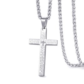 Cross Necklace for Men Lord's Prayer Cross Pendant with 24 Inches Stainless Steel Link Chain