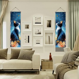 AHANDMAKER 2Pcs Artistic Cat Tapestry, Whimsical Cat Theme Illustrated Tapestry Hanging for Coffee Bookshop Bedroom Living Room Nursery Home Décor(45.7x13 Inch)