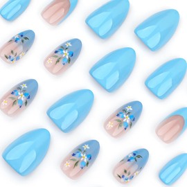 KTAABTR Nails Flowers Press on Nails Medium Almond Shape Fake Nails Glue on Nails Blue Glitter Glossy Acrylic Nails Design Full Cover Solid Color False Nails for Women DIY Manicure Decoration