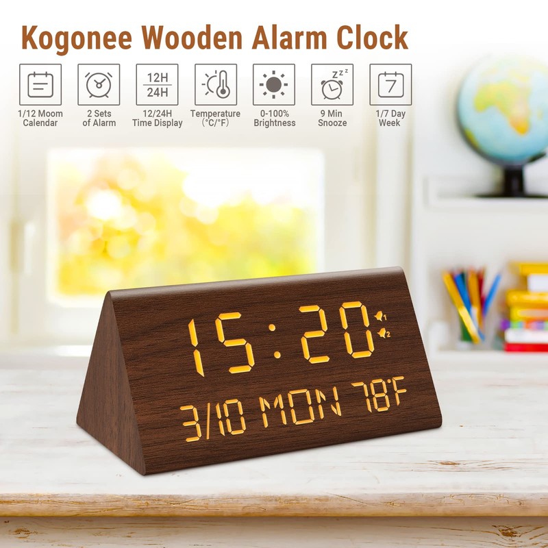 Kogonee Wooden Digital Alarm Clock, 0-100% Dimmer, 2 Alarm Settings,