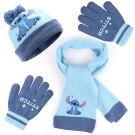 YOILIK 3-in-1 Children's Stitc Winter Hat Scarf Gloves Set, Stitc Girls Winter Hat Scarf Gloves Set, Stitc Boys Warm Winter Hat Gloves Round Scarf Set, Blue, blue