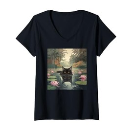 Womens Black Cat Monets Cat Waterlily V-Neck T-Shirt
