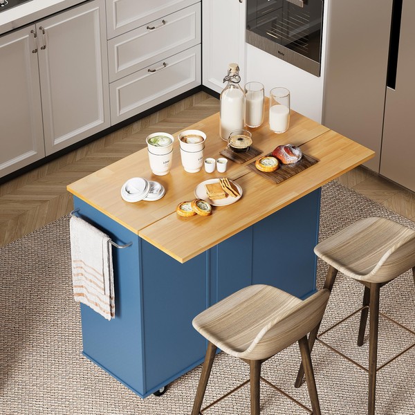 Shintenchi Rolling Kitchen Island Cart with Folding Drop Leaf Breakfast