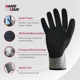 HandLove Cut Resistant Gloves, ANSI A4 Cut Proof Safety Work Gloves, Sandy Nitrile Anti-Slip, Wood Carving, Gardening, Glass Cutting, Car Repair, PFAS Free, Durable, Breathable, Grey, 1Pair, XL