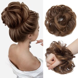 Hairro Messy Hair Bun Extensions Hair Piece Curly Wavy Scrunchies Synthetic Chignon with Elastic Rubber Band Ponytail Hairpiece for Women Hair Updo Donut for New Year Birthday Party Medium Brown to Light Auburn 25g/pc 1pc