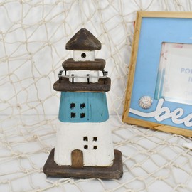 wovorins Wooden Lighthouse Decor Nautical Tabletop Centerpiece Decorative Lighthouses Ocean Beach Themed Sculpture Indoor Outdoor Wood Farmhouse Decoration for Party Mantel Table (Blue)