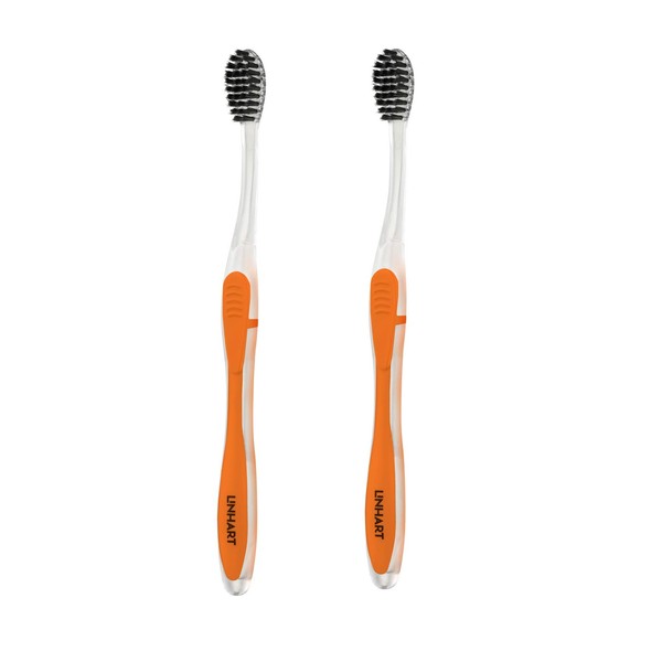 LINHART - cepillo para polvo de dientes extra suave con cerdas multilongitud, color naranja con cerdas negras, 2 unidades