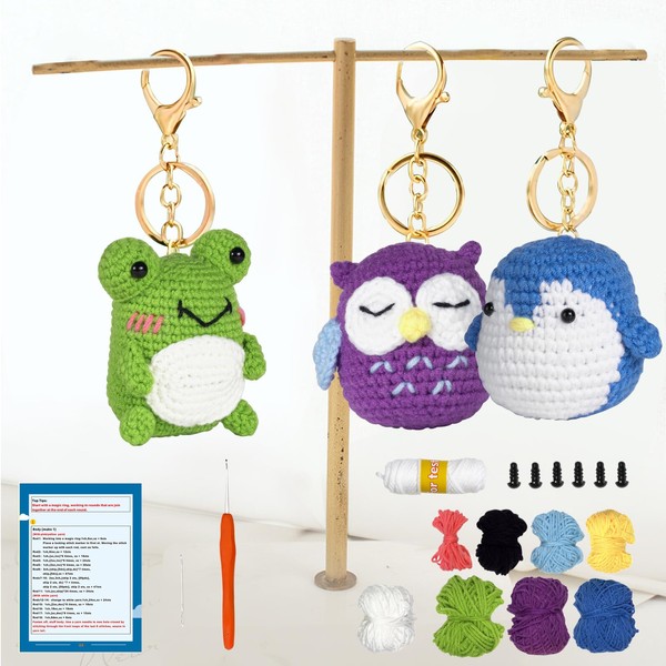 Complete Crochet Set for Beginners and Adults - Cute Animal Knitting Set with Crochet Hooks, Yarn, Storage Bag and Video Instructions - with Penguin, Owl, Frog - DIY Craftsmanship Gift (A)