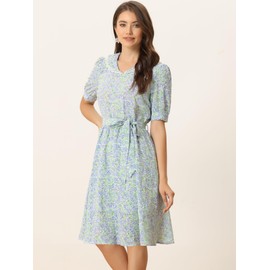 Allegra K Women's Vintage Peter Pan Collar High Waist Flowy Midi Puff Sleeve Floral Dress Small White Floral