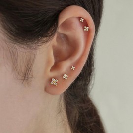 3 Pairs Sterling Silver Stud Earrings for Women Girls, Small Simulated Diamond Earrings Cubic Zirconia Flower Gold Stud Earring Hypoallergenic Sleeper Earrings Set for Multiple Pirercings, 2.5/3.5/4mm