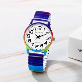 JewelryWe Elastic Watches for Women: Easy Read Analog Quartz Stretch Band Watch Cute Printing Expansion Band Wristwatch