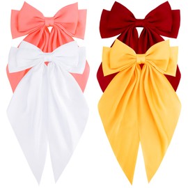 Velscrun Hair Bows for Women Girls, 4Pcs White Red Yellow Silky Satin Large Long Tail Coquette Bow, Oversized Hair Ribbons Bow Hair Accessories