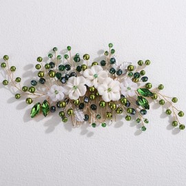Lenjicons White Flower Leaf Pearls Hair Comb Wedding Rhinestone Hair Comb Luxuries Pearls Rhinestone Hairpiece Wedding Hair Accessories for Brides Bridesmaid (green)