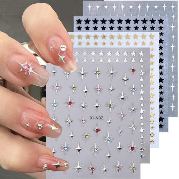 8 Sheets Star Nail Stickers Decals 3D Self Adhesive Star
