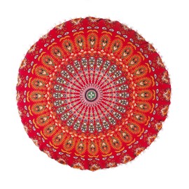 Popular Handicrafts Floor Pillow Cushion Cover - Hippie Mandala Cushion Cover Large with Pom Poms Soft Particles - Pouf Cover Round Bohemian Yoga Decor, 32" Red