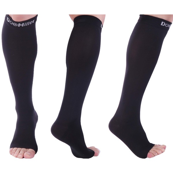 Doc Miller Calcetines de compresión de punta abierta para mujeres y hombres de 30 a 40 mmHg, calcetines sin dedos hasta la rodilla, recupera las espinillas, tendón de Aquiles, venas varicosas, 1 par, XXXL, color negro
