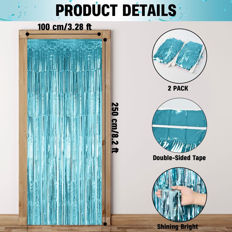 2PCS Blue Tinsel Foil Fringe Curtains Decorations with Silver Happy