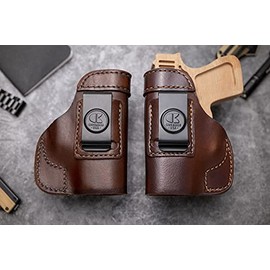 OUTBAGS USA LS2SHIELD (Brown-Left) Full Grain Heavy Leather IWB Conceal Carry Gun Holster for Smith & Wesson M&P Shield 9mm / 40 S&W. Handcrafted in USA.