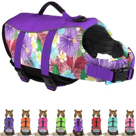 Mklhgty Hawaiian Dog Life Jacket - Adjustable Ripstop Vest with Rescue Handle for Swimming Boating, High-Flotation Safety Device for Small Medium Large Dogs (Floral Purple, M)