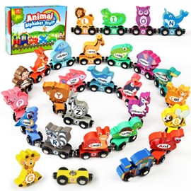 Vanmor Wooden Train Set for Toddlers - Snap-Connection Animal Trains, Magnetic Alphabet Train Learning Toys, STEM Preschool Toys, ABC and Animal Play Set for Kids Ages 3-5